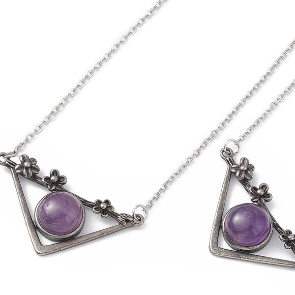 NWOT natural amethyst triangle Flower floral necklace Gemstone pendant - Picture 3 of 4